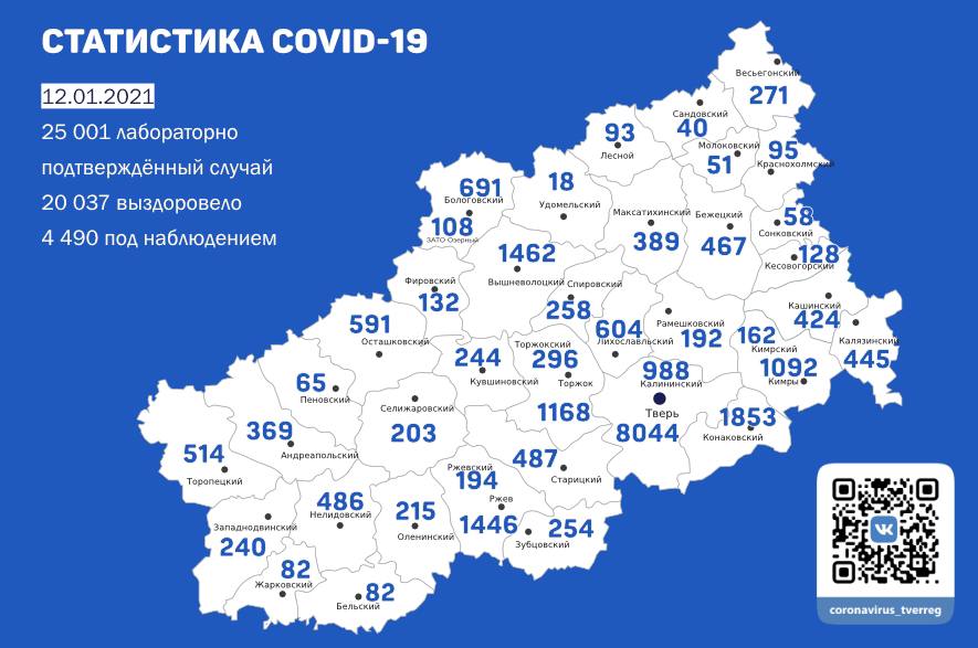 Карта распространения коронавирусной инфекции в Тверской области на 12 января 2021 года